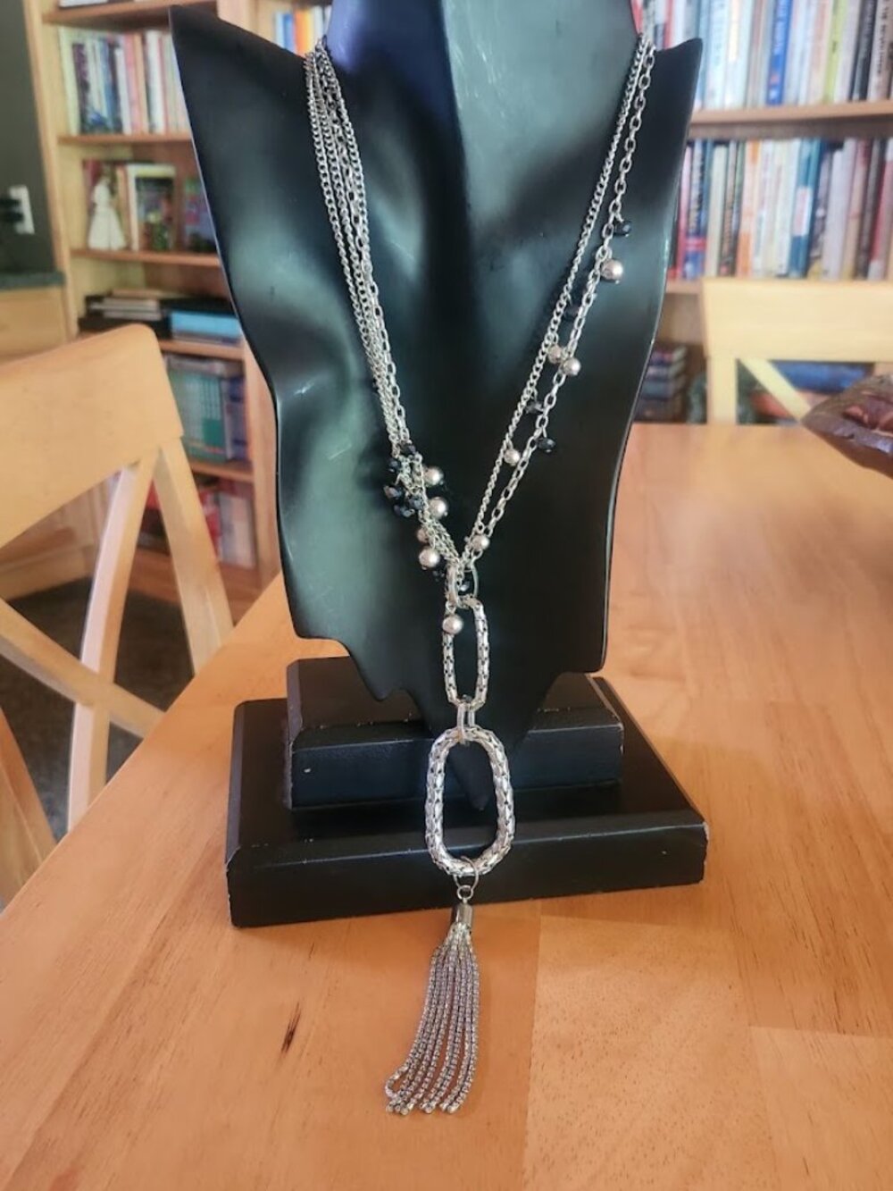 Silver Chain Necklace with Dark Blue/Black Beads - Statement Style!